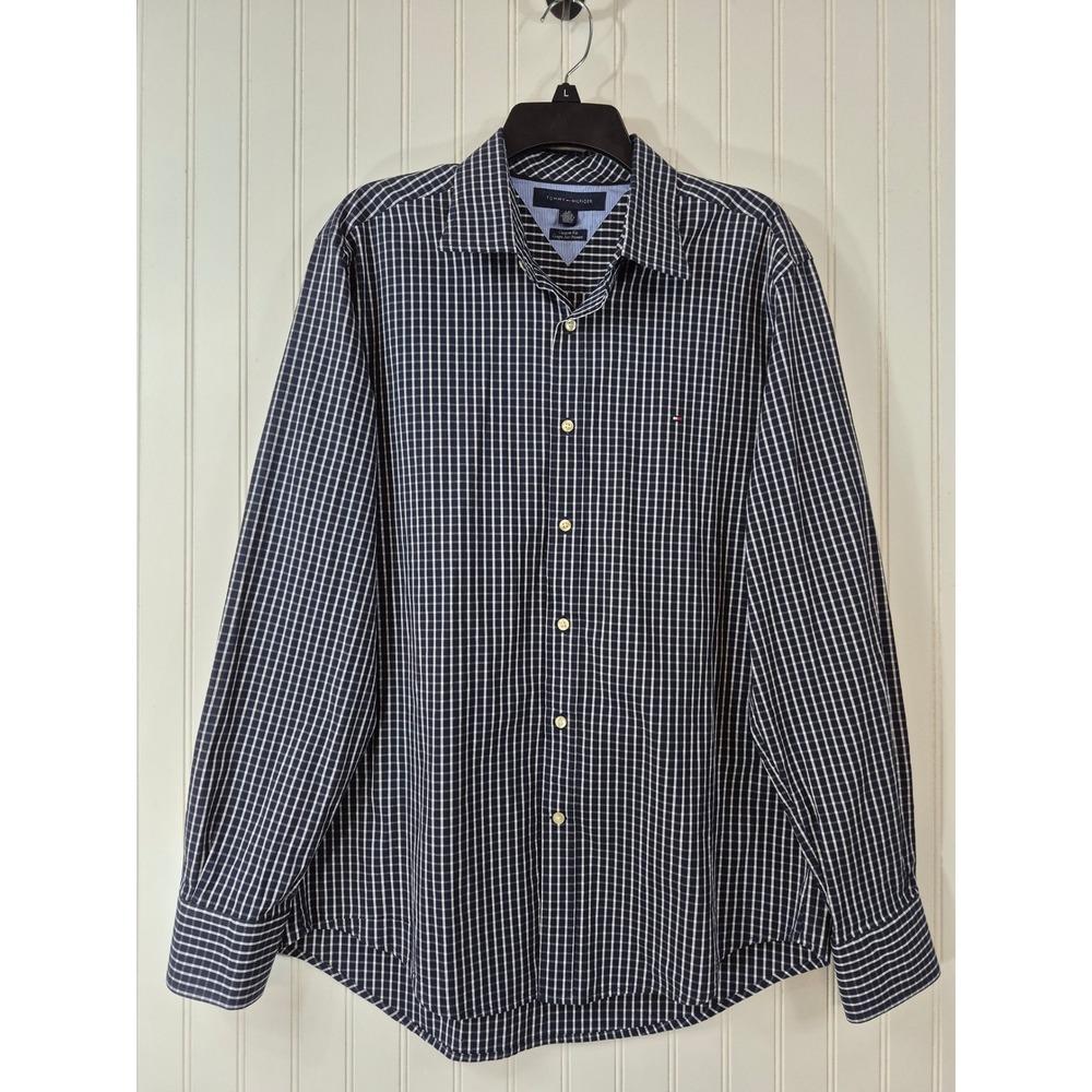 Tommy Hilfiger Mens 100% Cotton Navy Blue White Grid Check Button Down Size L